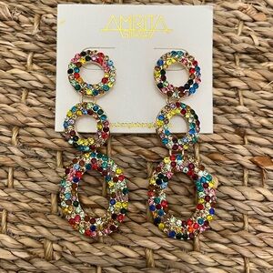 Amrita Singh Three Tiered Multi colored Rhinestone Hoop Earrings